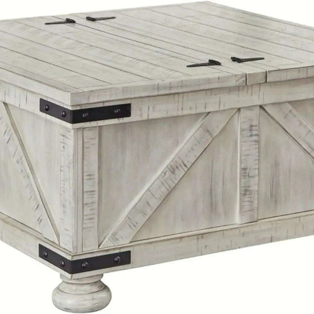 Rustic White Pine Wood Coffee Table with Industrial Dual-Lid Storage Solution - Très Elite