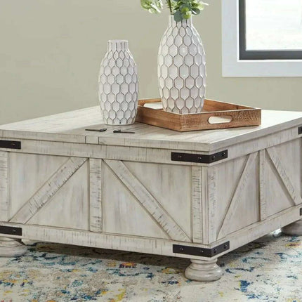 Rustic White Pine Wood Coffee Table with Industrial Dual-Lid Storage Solution - Très Elite