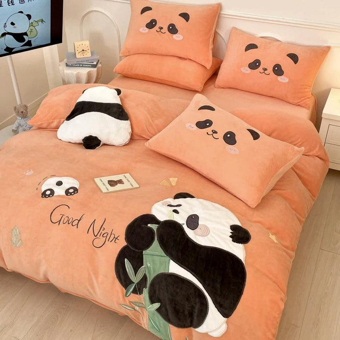 Charming Velvet Panda Bedding Set with Applique Details - Cozy Duvet Cover, Flat Sheet & Pillowcases for Various Bed Sizes