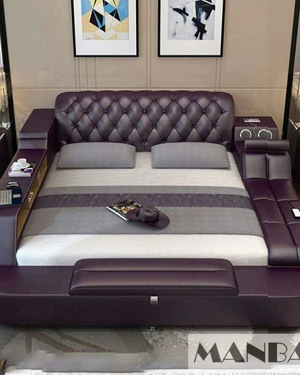 Luxury Leather Bed Frame with Massage, Storage, Safety, Speaker, and LED Lights - Deluxe Bedroom Furniture Collection
