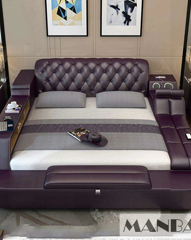 Luxury Leather Bed Frame with Massage, Storage, Safety, Speaker, and LED Lights - Deluxe Bedroom Furniture Collection