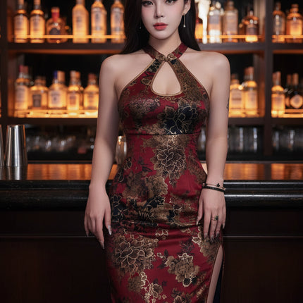 Plus Size Floral Print Dress — Hollow Waist & Low Slit