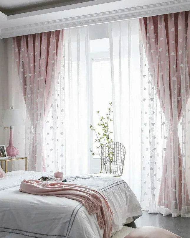 Charming Heart-Embroidered Tulle Blackout Curtains for Baby Girls' Princess Rooms - Single Panel in Double Pink