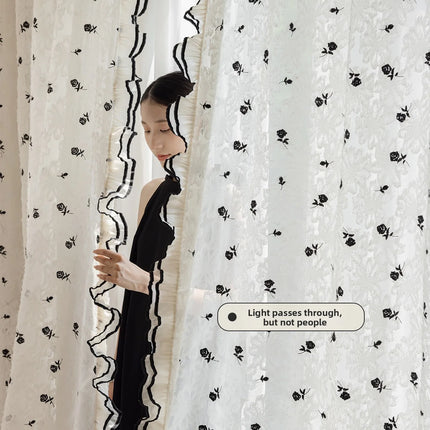 French Black Rose Embroidered Sheer Curtain — Light-Permeable, Custom Length