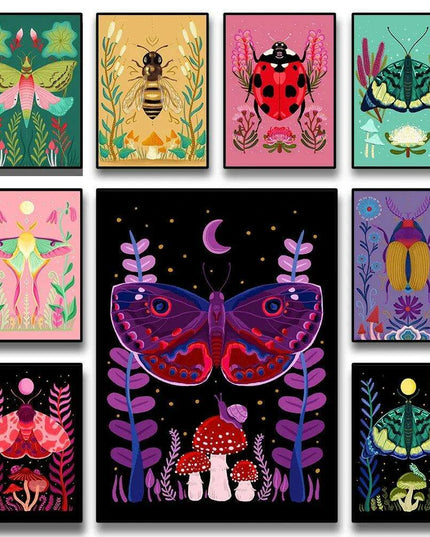 Enchanting Insect Canvas Art: Vibrant Moth and Golden Beetle Decor for a Playful Home