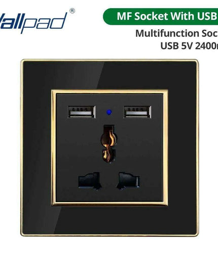 Luxurious Black Acrylic Switch Panel with Gold Accents & Universal Sockets - 220V, Multi-Gang, Modern Design - Illuminated Control Panel with USB Charging Feature
