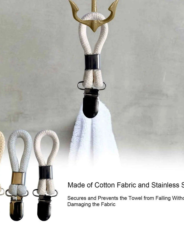 Cotton Braided Towel Holder Set with Sturdy Metal Clips - Elegant Space-Saving Solution for Home and Kitchen