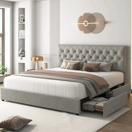 Elegant Queen Velvet Upholstered Bed Frame with Adjustable Headboard and Hidden Storage Drawers