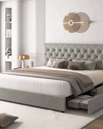Elegant Queen Velvet Upholstered Bed Frame with Adjustable Headboard and Hidden Storage Drawers