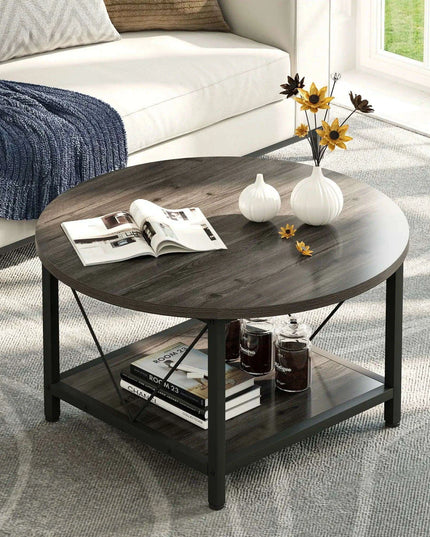 Modern Rustic Round Coffee Table with Generous Storage and Stylish Design