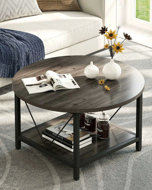 Modern Rustic Round Coffee Table with Generous Storage and Stylish Design
