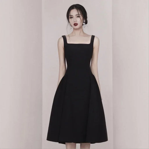 Women's Retro Black Dress - Elegant Audrey Hepburn Style Slim Waist Strap Dress