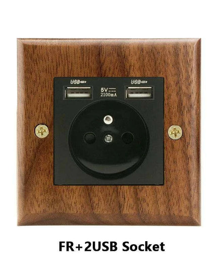 Sleek Black Walnut Electrical Panel with USB Ports, Adjustable LED Ambiance, and Contemporary Toggle Features