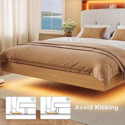 Floating Queen Bed Frame w/ LED Lights & Charging Station, Wood Platform, No Box Spring Needed, Walnut floating-queen-bed-frame-w-led-lights-charging-station-wood-platform-no-box-spring-needed-walnut-1