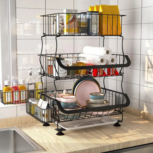 3 Tier Stackable Metal Wire Basket Cart with Rolling Wheels - Kitchen and Pantry Organizer