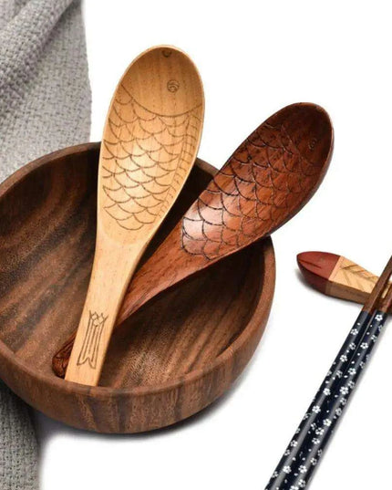 Charming Handcrafted Fish-Shaped Japanese Wooden Rice Spoon - Short-Handled Kitchen Essential