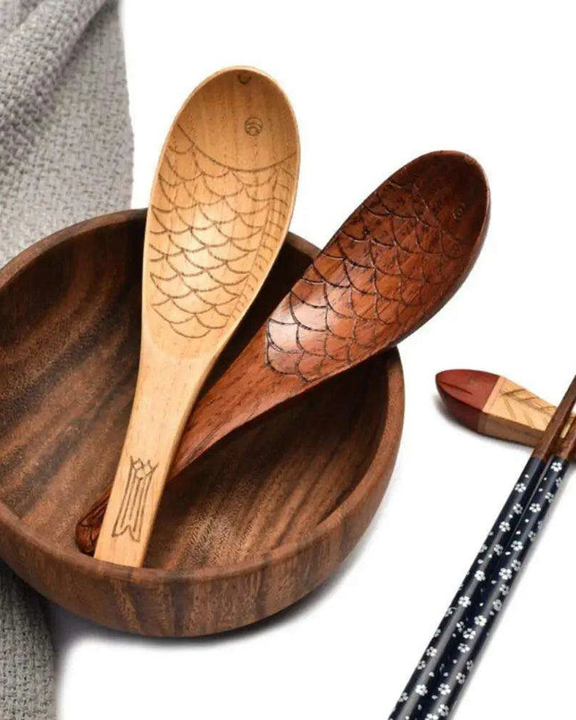 Charming Handcrafted Fish-Shaped Japanese Wooden Rice Spoon - Short-Handled Kitchen Essential