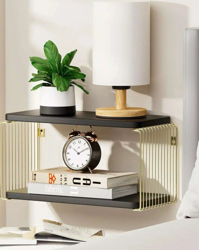 Stylish Black and Gold Floating Nightstand with Convenient Bedside Shelves