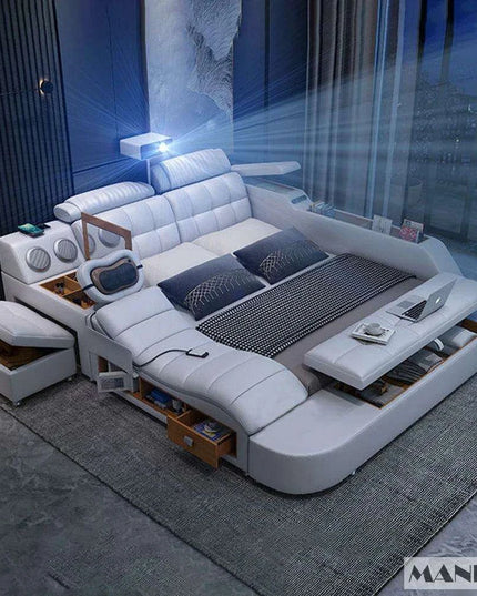 Elegant Tech-Enhanced King-Size Leather Bed with Massage and Multimedia Features