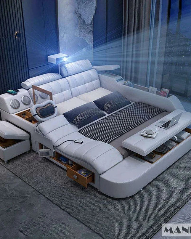 Elegant Tech-Enhanced King-Size Leather Bed with Massage and Multimedia Features