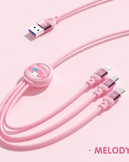 Sanrio Kuromi & Friends 3-In-1 Charging Cable - Adorable Anime Characters USB Cord for Huawei, iPhone, Xiaomi - Durable & Perfect for Gifting