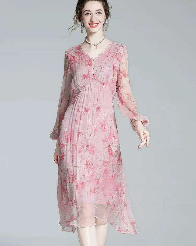 Chic V-Neck Puff Sleeve Mulberry Silk Dress with French Floral Print