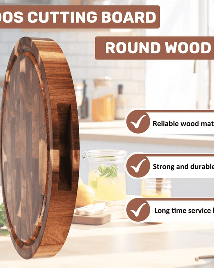 Elegant Round Acacia Wood Butcher Block with Ergonomic Handles and Non-Slip Base