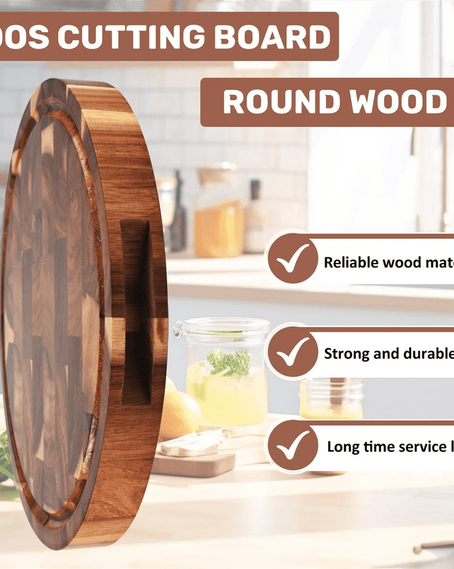 Elegant Round Acacia Wood Butcher Block with Ergonomic Handles and Non-Slip Base