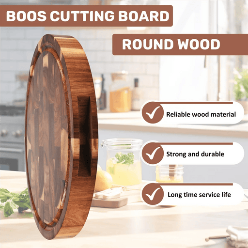 Elegant Round Acacia Wood Butcher Block with Ergonomic Handles and Non-Slip Base