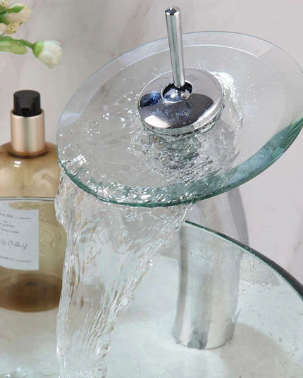 Elegant Blue Glass Vessel Sink Ensemble with Waterfall Faucet