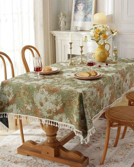 Elegant Floral Jacquard Tablecloth with Charming Tassel Details - Transform Your Dining Atmosphere