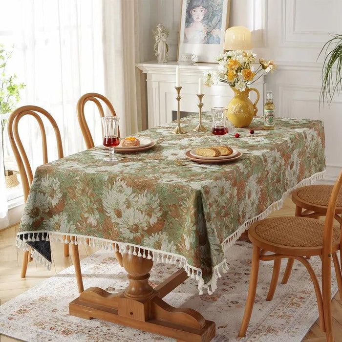 Elegant Floral Jacquard Tablecloth with Charming Tassel Details - Transform Your Dining Atmosphere