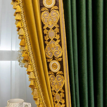 Dark Green Velvet Blackout Curtains with Embroidery — European Lace, Custom Width