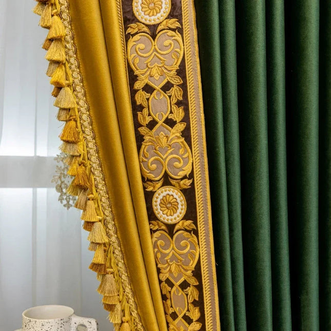 Dark Green Velvet Blackout Curtains with Embroidery — European Lace, Custom Width