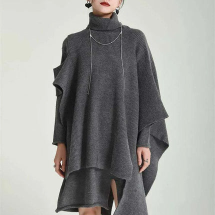 Trendy Women's Asymmetrical Gray Knit Turtleneck Dress - Loose Long Sleeve for Spring & Autumn 2024