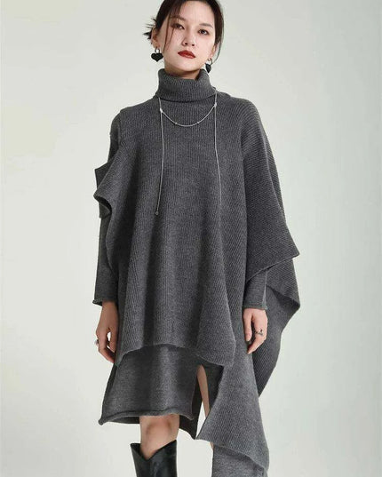 Trendy Women's Asymmetrical Gray Knit Turtleneck Dress - Loose Long Sleeve for Spring & Autumn 2024