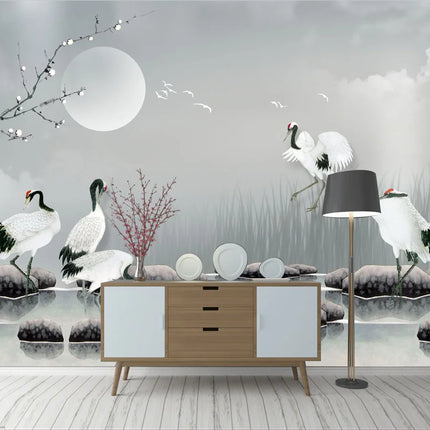 Plum Blossom & Crane Mural Wallpaper — Custom Size, 5 Finishes, Asian Art Style