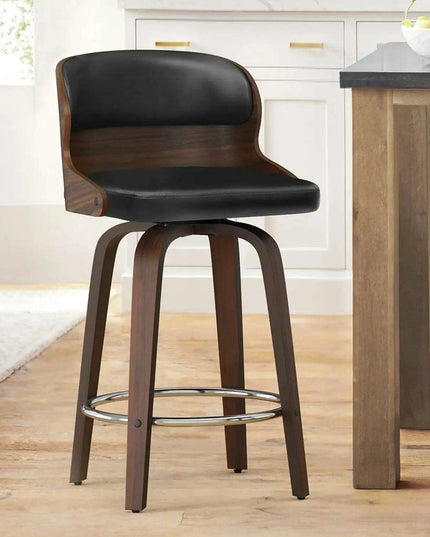 Elegant Mid-Century Walnut Swivel Counter Stools with Faux Leather Seat - 26 Inch Height