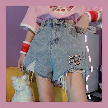 Kawaii Retro High-Waisted Denim Shorts for Women - Embroidered Casual Summer Style
