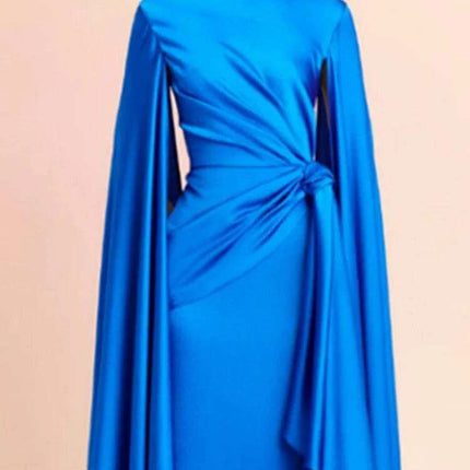 Chic Pleated Evening Dress with Bow Waist and Elegant Cape Sleeves - Summer Collection 35Z774