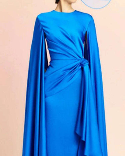 Chic Pleated Evening Dress with Bow Waist and Elegant Cape Sleeves - Summer Collection 35Z774