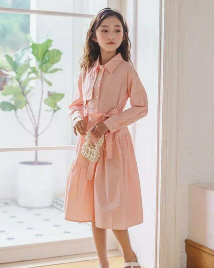 Girls' Spring Autumn Button-Up Dress in Solid Blue and Pink for Ages 6-16