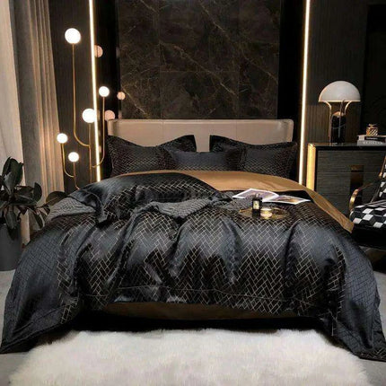Luxurious Black and Gold Jacquard Egyptian Cotton Duvet Cover Set - 4/6 Piece Collection for Cal King and Queen Sizes with Sheets & Pillowcases