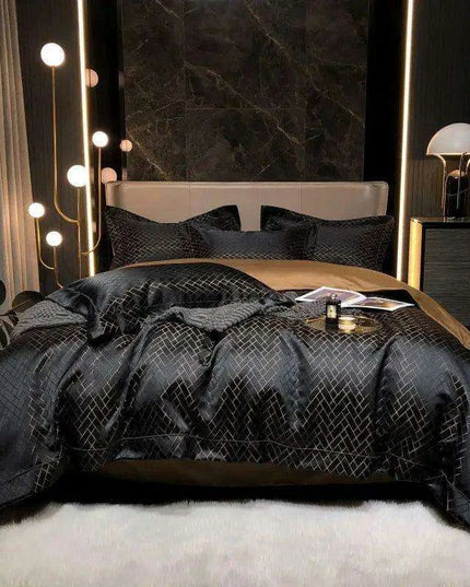 Luxurious Black and Gold Jacquard Egyptian Cotton Duvet Cover Set - 4/6 Piece Collection for Cal King and Queen Sizes with Sheets & Pillowcases