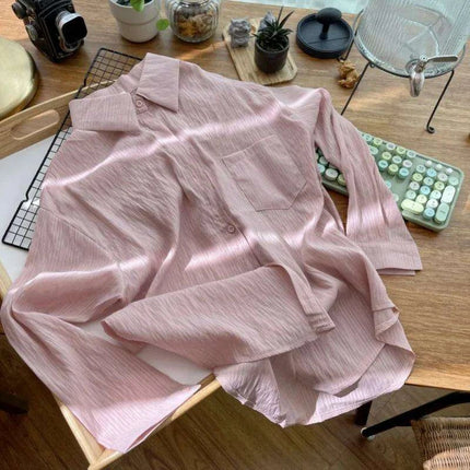 Loose-Fitting Women's Pleated Long-Sleeve Shirt with Pockets - Versatile Solid Color Sunscreen Top