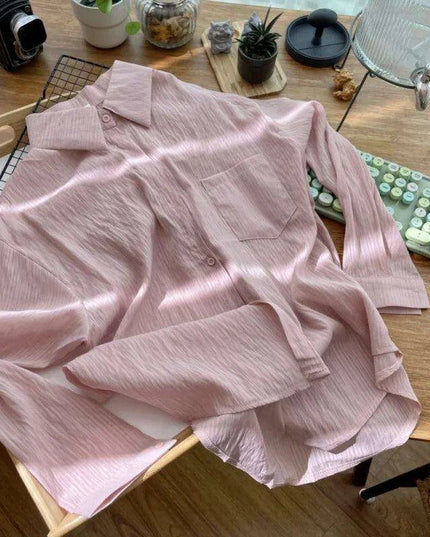 Loose-Fitting Women's Pleated Long-Sleeve Shirt with Pockets - Versatile Solid Color Sunscreen Top