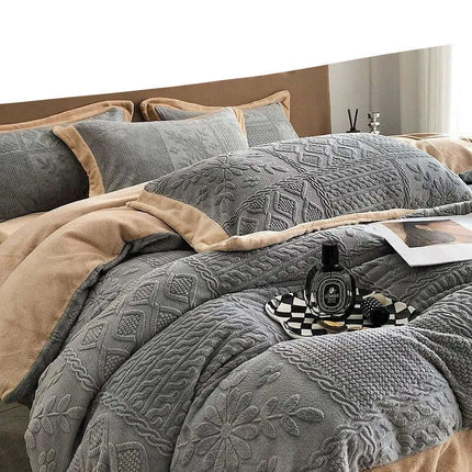 Opulent Grey Velvet Fleece Bedding Set with Luxurious 3D Embossed Duvet Cover and Pillowcases