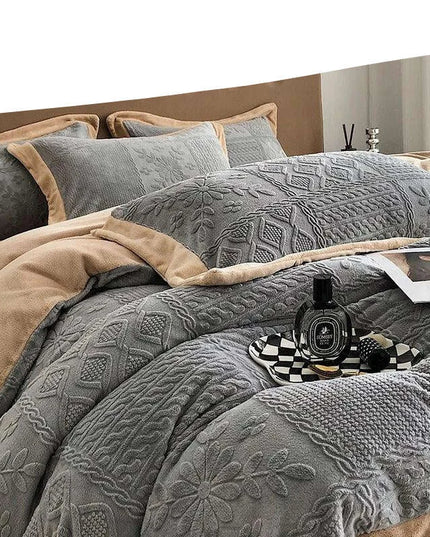 Opulent Grey Velvet Fleece Bedding Set with Luxurious 3D Embossed Duvet Cover and Pillowcases