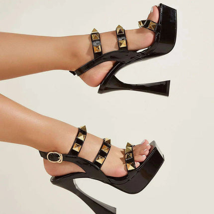 Glamorous Gold Studded Open Toe Platform Ankle Strap Heels for Women - Stylish Evening Sandals by Contemporary Designer