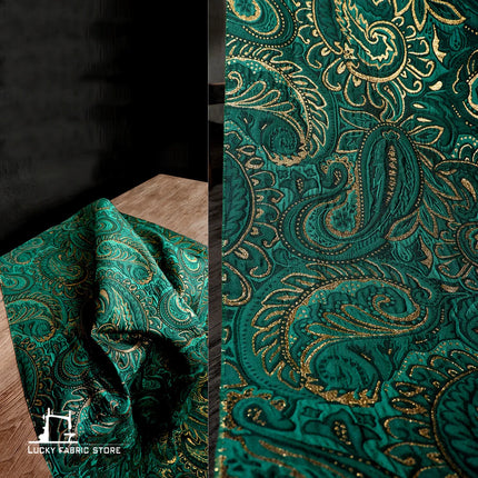 Green Cashew Flower Jacquard Fabric | Ethnic Pattern